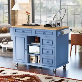 Kitchen cart with Rubber wood desktop rolling mobile kitchen island with storage and 5 draws -53 Inch length (Color: Blue, Material: MDF)